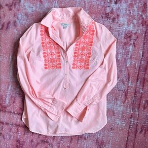 J Crew Pink Embroidered Popover Blouse